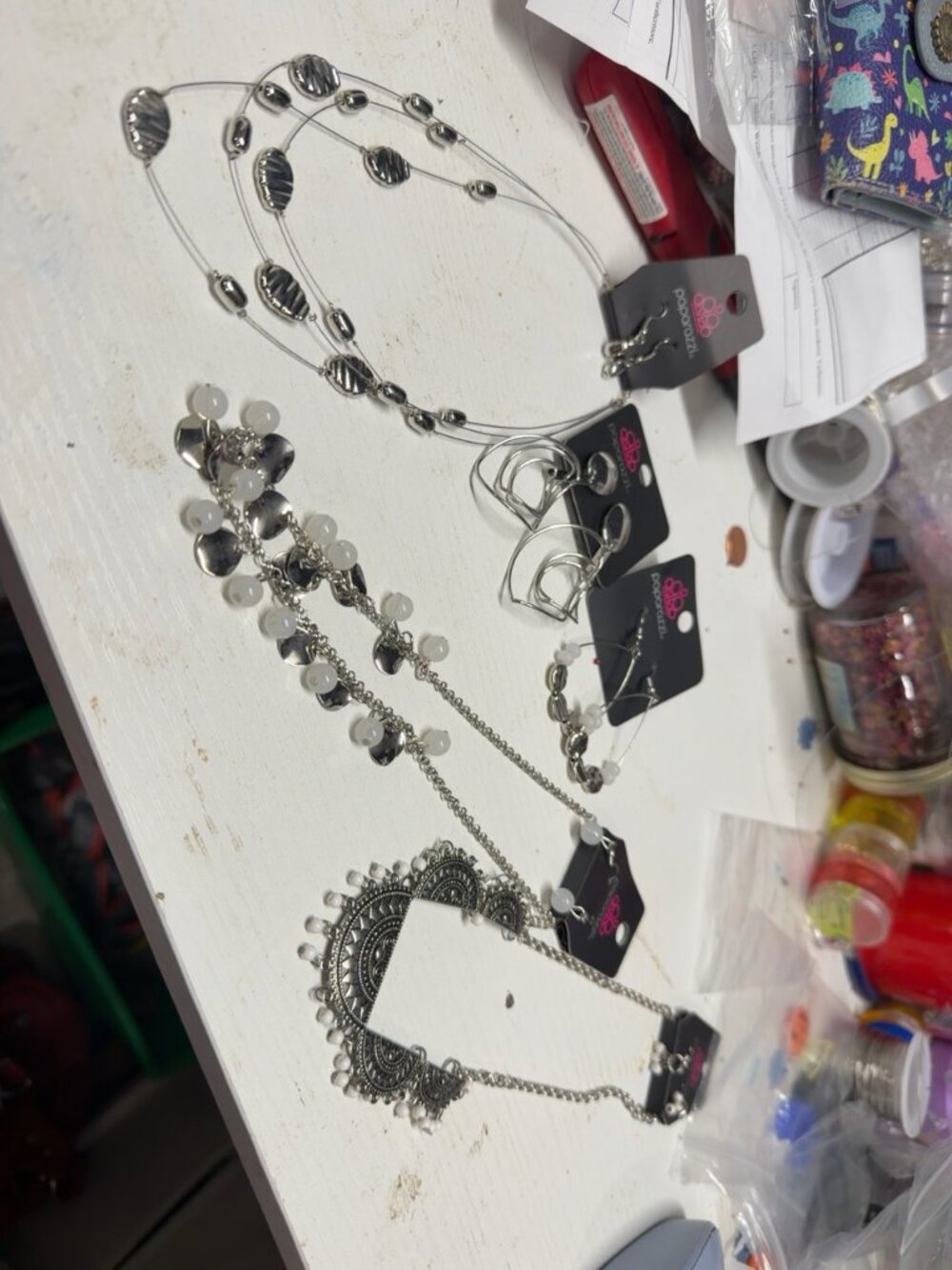Paparazzi Silver White Bundle 3 Necklace Earring Sets 2 Extra Earring Pairs